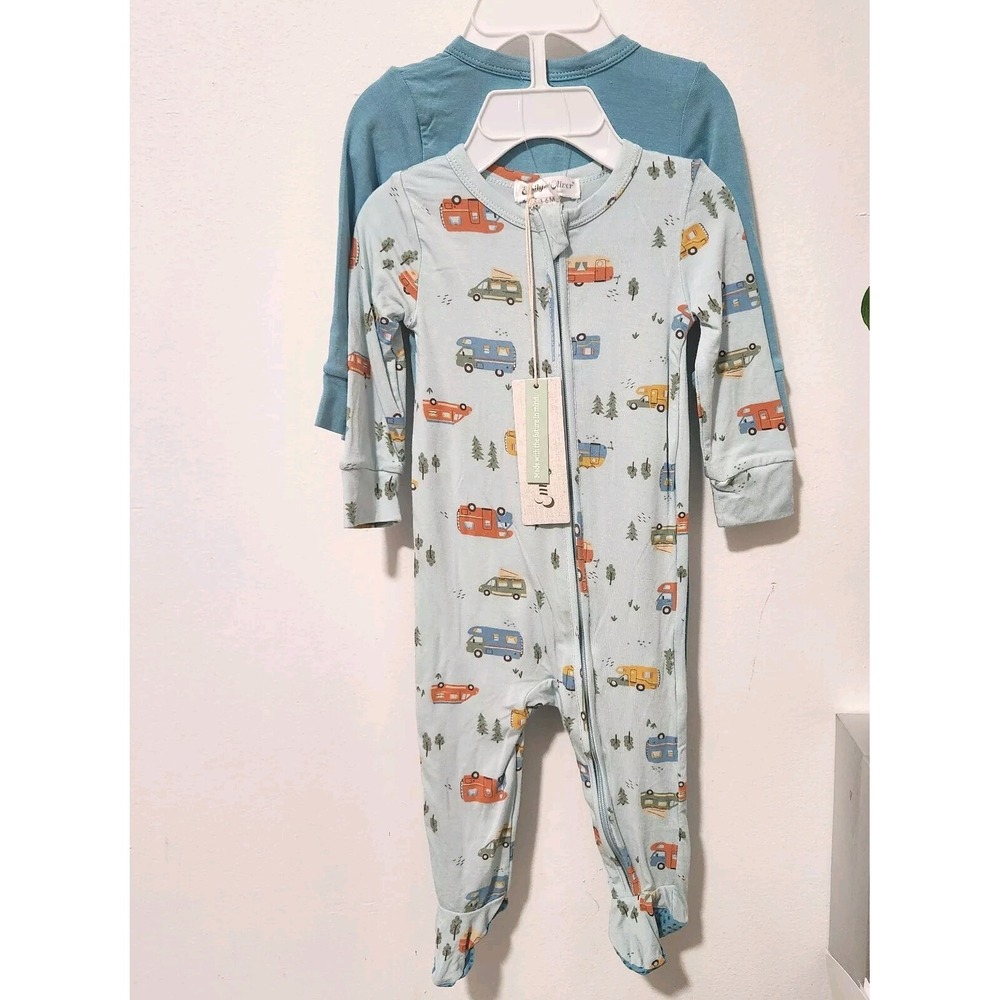 EMILY &‎ OLIVER BAMBOO FOOTIES SET CAMPER PRINT 3-6MOS NWT 2 PIECE BUNDLE- E5